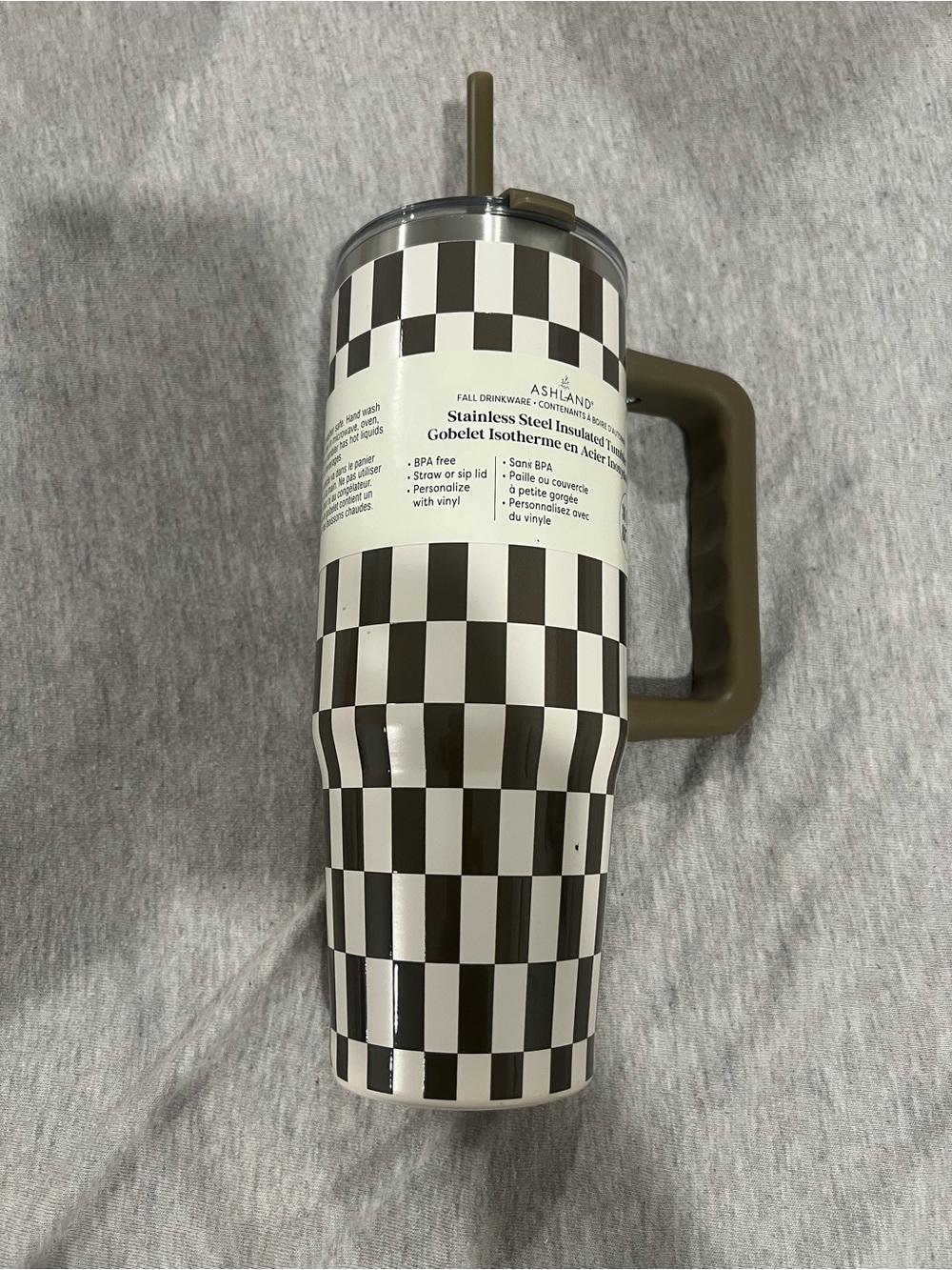 Ashland Olive/White Check Stainless Steel Insulated Tumbler w/ Olive Handle 30oz